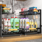 Sevenblue 2-tier under-sink organizer demonstrates efficient use of cabinet space.