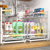 Sevenblue under-sink organizer in a full 2-tier setup boosts storage efficiency in compact spaces.