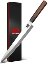 SHAN ZU 10-Inch Sushi Knife blade closeup highlights rust-resistant Japanese steel and sharp edge