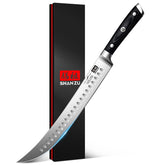 SHAN ZU 12-inch slicing knife blade close-up showing razor-sharp edge for precise carving.