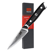 SHAN ZU 4-Inch Paring Knife blade close-up showing Damascus pattern for precise prep