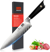 SHAN ZU Damascus chef knife 8-inch blade close-up shows a razor-sharp edge for precise cuts.