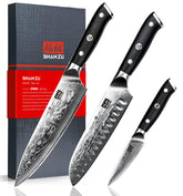 SHAN ZU Damascus knife blades close-up showing 67-layer steel for durability