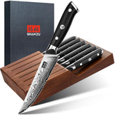 SHAN ZU Damascus steak knife set in a six-slot block for organized kitchen prep