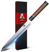 SHAN ZU 10 inch sushi knife blade close-up showing 9-layer forged steel craft for durability