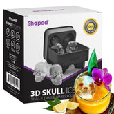 Shaped IceMolds skull ice cubes in a round whiskey glass for elegant serving