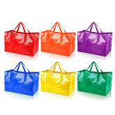 Shappy extra-large bag in rainbow weave, sturdy polypropylene for heavy groceries.