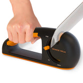 Sharp Pebble Orange Ninja four-stage sharpener front view, compact and easy to grip for quick sharpening