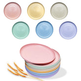 SHECIPIN 12-pack wheat straw plates close-up highlighting BPA-free material and lightweight design