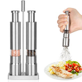 Shker salt and pepper grinders on base display for organized counters.