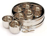 Shradha Trading stainless steel masala box front view with seven compartments for organized spices.