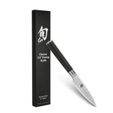 Shun Classic paring knife blade close-up showing razor-sharp edge for precise peeling.