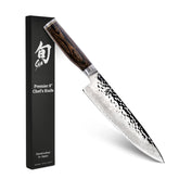 Shun Premier 8-inch chef knife blade close-up for precise slicing and fine mince.