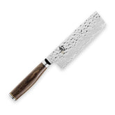 Shun Premier Nakiri blade close-up highlights precise vegetable cuts.