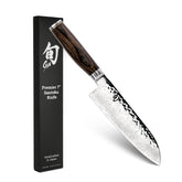 Shun Premier Santoku blade close-up showing VG-Max core for precise slicing.
