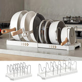 Silanit expandable pot and pan organizer under cabinet, extended for full cookware storage.