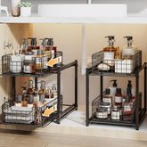SILUB under-sink organizer with two-tier drawers keeps cleaning supplies neatly organized.