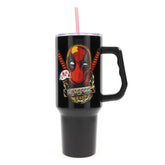 Silver Buffalo Deadpool tumbler front view with gold chain design for on-the-go hydration.