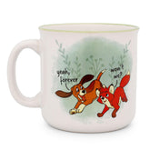 Silver Buffalo camper mug front scene with Todd and Copper, cozy morning brew
