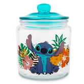 Silver Buffalo Disney Lilo Stitch glass snack jar with blue lid keeps snacks fresh.