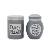 Silver Buffalo Sally jars salt and pepper shakers in a spooky kitchen setting.