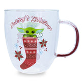 Silver Buffalo Grogu glitter mug with handle 14oz, festive coffee moment.