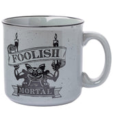 Silver Buffalo Haunted Mansion mug front view featuring Foolish Mortal text for fans.