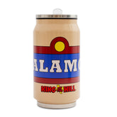 Silver Buffalo King of the Hill Alamo Beer logo tumbler shows bold art for on-the-go enjoyment.