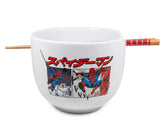 Silver Buffalo Spider-Man ramen bowl with chopsticks for noodle meals.