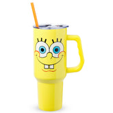 Silver Buffalo SpongeBob tumbler shows SpongeBob’s face on a yellow background, two-sided design for visibility.