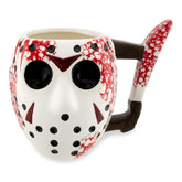 Silver Buffalo Jason mask mug with 3D sculpt and knife handle for horror fans.