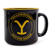 Silver Buffalo Yellowstone camper mug front view with bold Dutton Ranch branding.