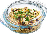 SIMAX glass casserole dish with clear lid and handles for serving.