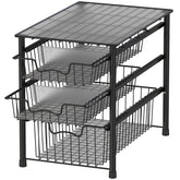 Simple Houseware 3-tier sliding basket organizer for compact bathroom storage.