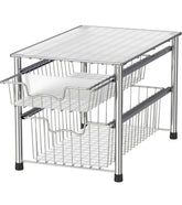 Simple Houseware chrome stackable two-tier sliding basket drawer, front view for cabinet space