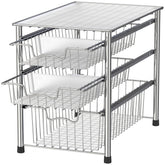 Simple Houseware stackable 3-tier sliding basket in chrome for easy access in small spaces.