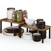 Simple Houseware wooden top expandable stackable shelf in cabinet keeps plates neatly organized.