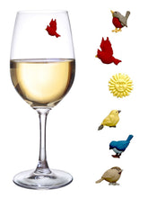 Simply Charmed Bird Wine Glass Charms on a table clearly identifying each glass