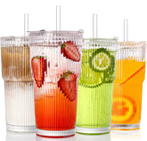 SIPBYSOP ribbed glass cups with lids and straws ideal for stylish iced coffee
