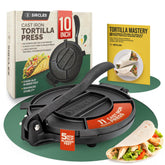 SIRCLES 10-inch cast-iron tortilla press delivering even pressure for consistent tortillas.