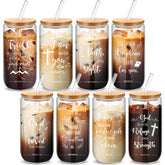 Skylety Christian glass cups 8-set with lids and straws for easy, stylish hydration.