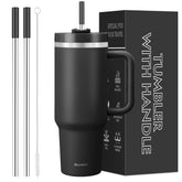Skywerc 40oz tumbler with handle fits most car cupholders for on-the-go hydration.