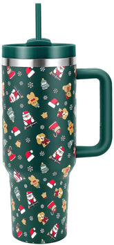 Skywerc Christmas tumbler with handle in green Santa Bear design, ideal for on-the-go beverages.