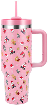 Skywerc pink Santa Bear tumbler with handle keeps drinks cold during daily commute