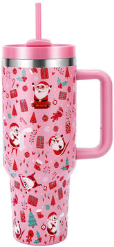 Skywerc Christmas tumbler with handle in pink Santa pattern is easy to carry and festive