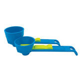 Slide Scoop measuring scoop and funnel in use for spill-free protein shakes