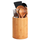 SLNIHAMS bamboo round utensil holder on the counter for easy access to utensils.