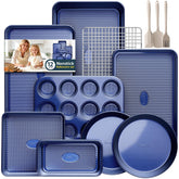 Slow Slog oven-safe bakeware set stacked neatly for compact storage and easy access.