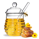 SlZKADY honey jar with dipper and lid, clear glass for elegant pouring.
