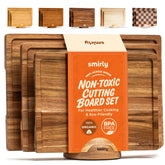 SMIRLY acacia cutting board set; top view shows organized prep.